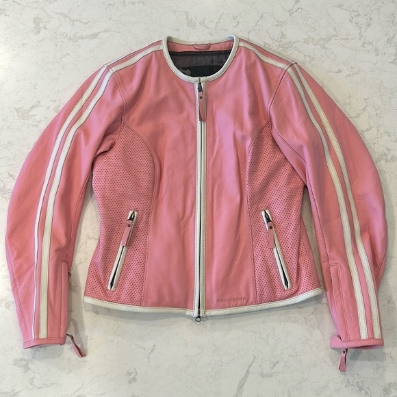 First Gear Women’s Motorcycle Riding Jacket Baby Pink White Pinstriped Mob Wife - Picture 1 of 16